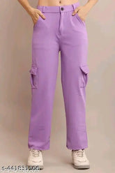 Trendy purple Lycra 4-way pant for women, solid net design, sizes ranging from 26 to 36 inches